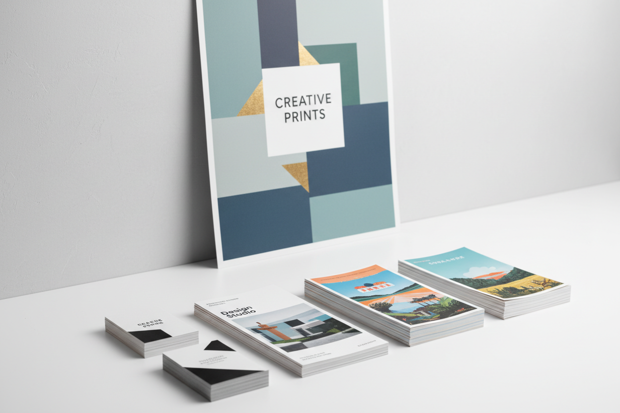 paper print products sitting in stacks including business cards, flyers, postcards and a poster behind them all