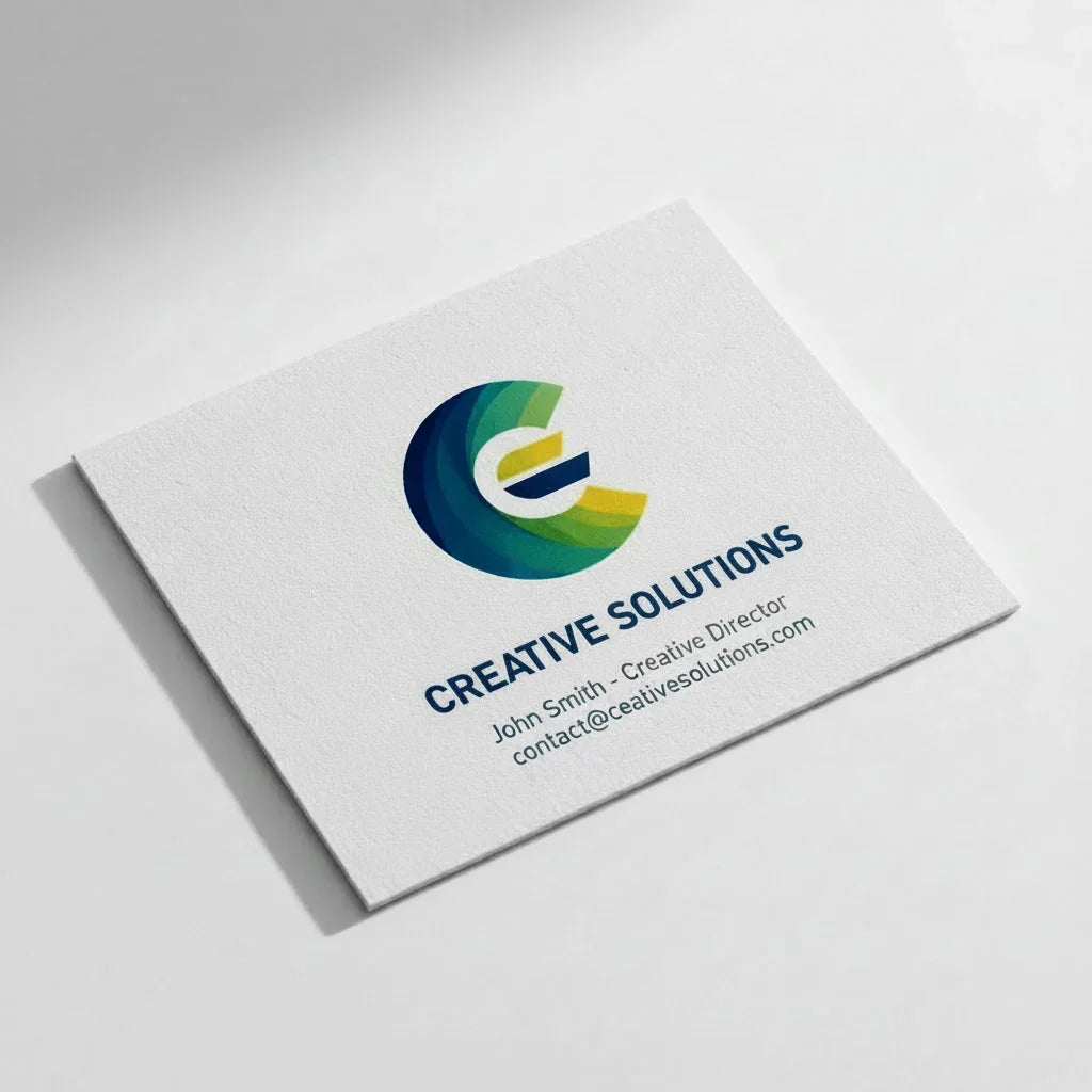 Square business card with modern logo, company name, and contact details on white background