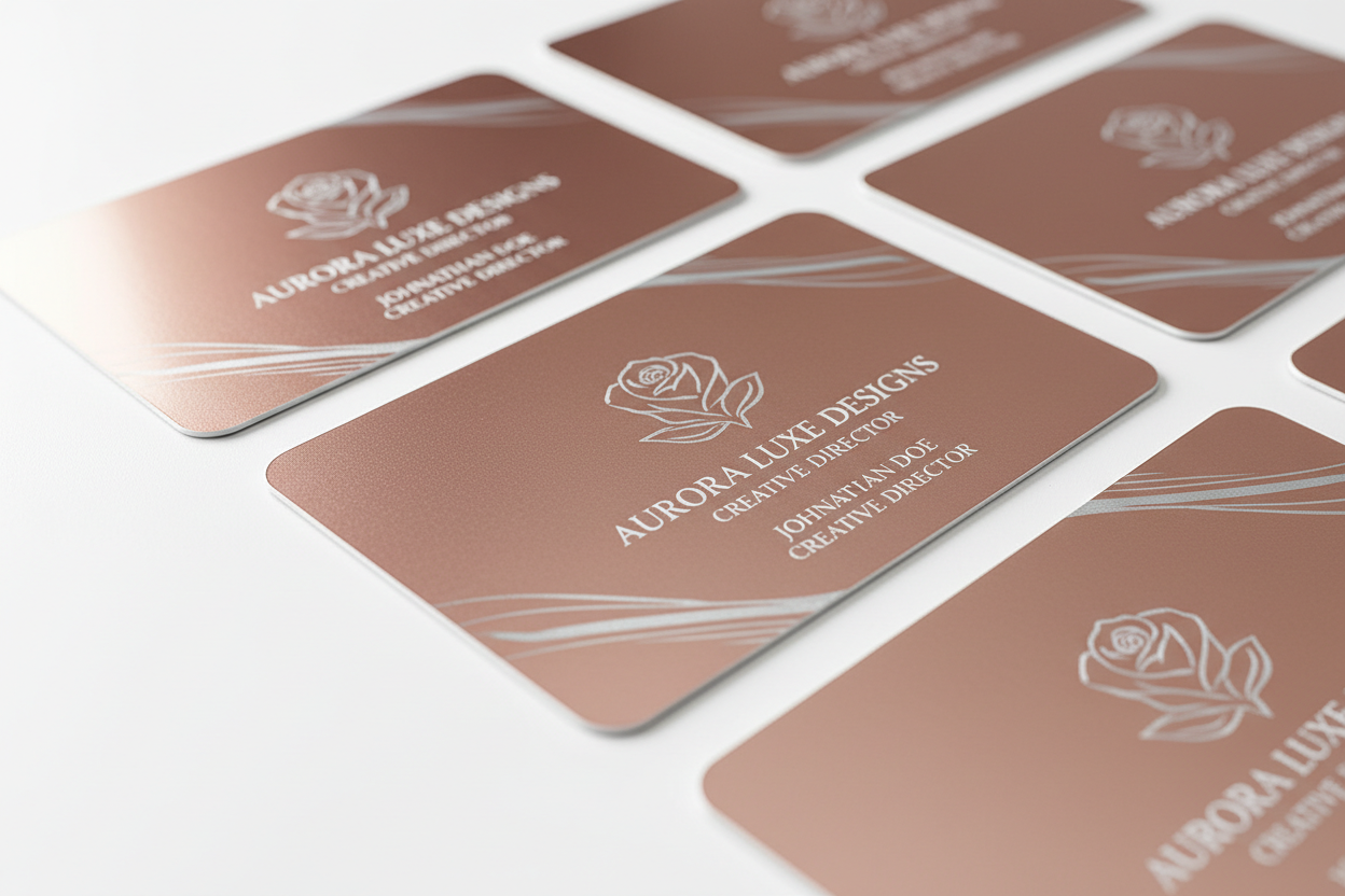 rose gold plastic business cards with silver printing and rounded corners on a white background