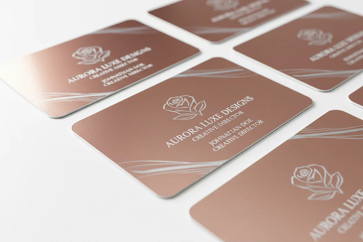 Rose gold plastic business cards with silver printing and rounded corners on white background
