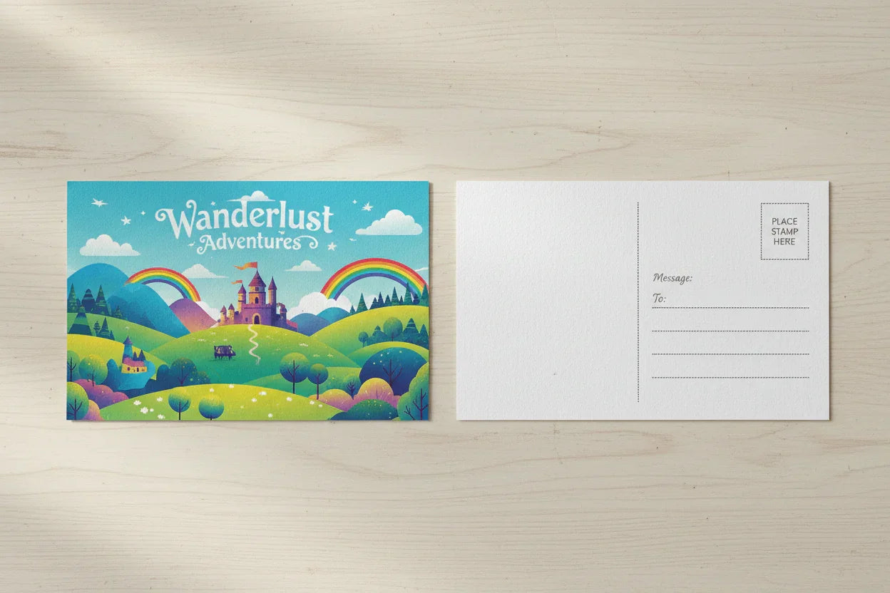Two 4x6 color postcards on cardstock, one with a vibrant landscape design, the other blank back.