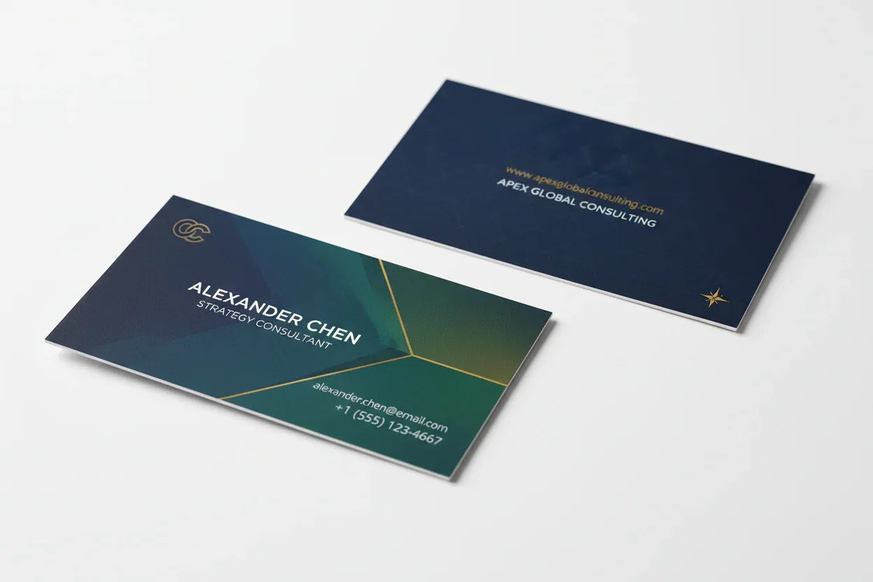 Two silk laminated business cards on white background, front and back, full color print.