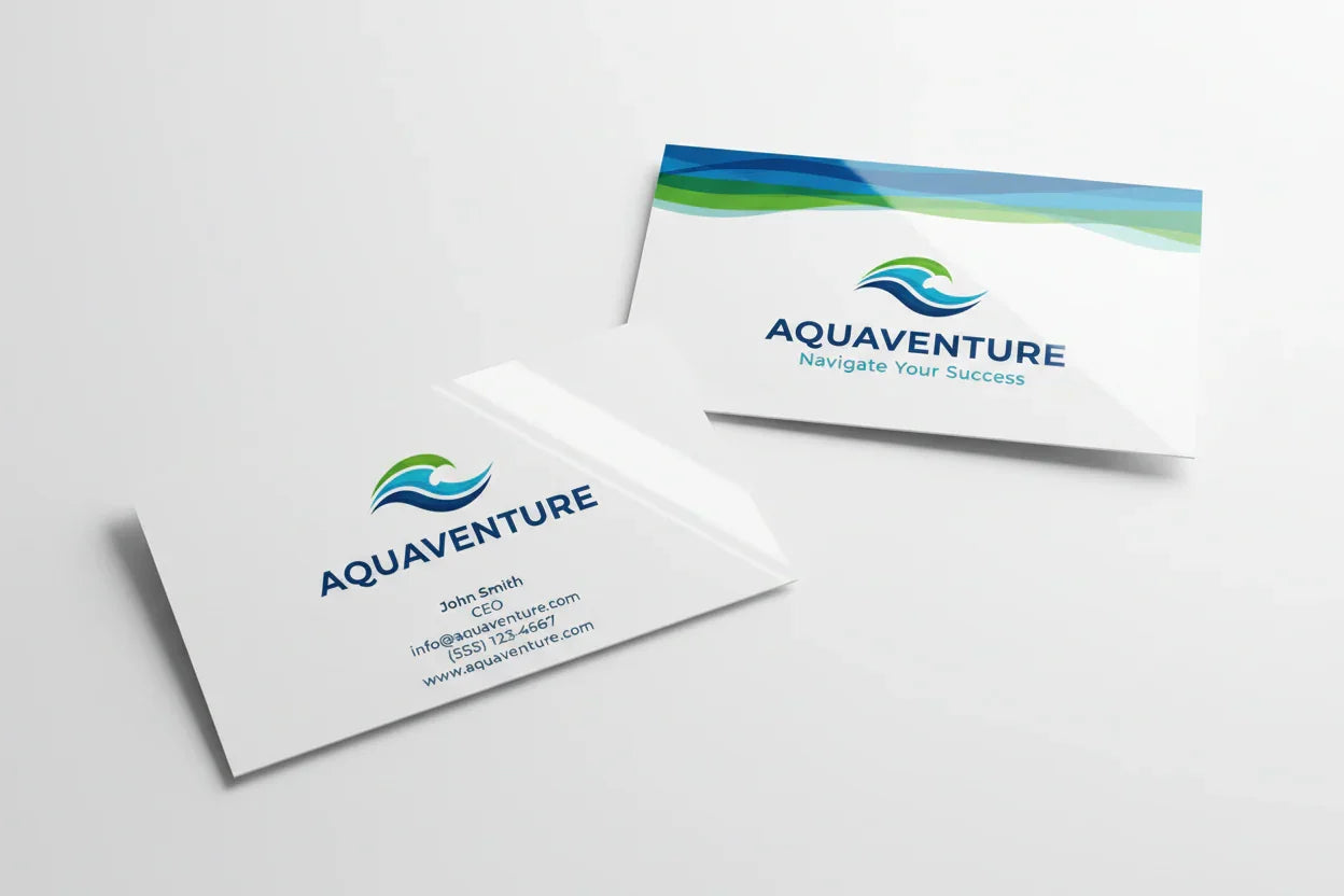 Glossy color printed business cards with front and back design on white background