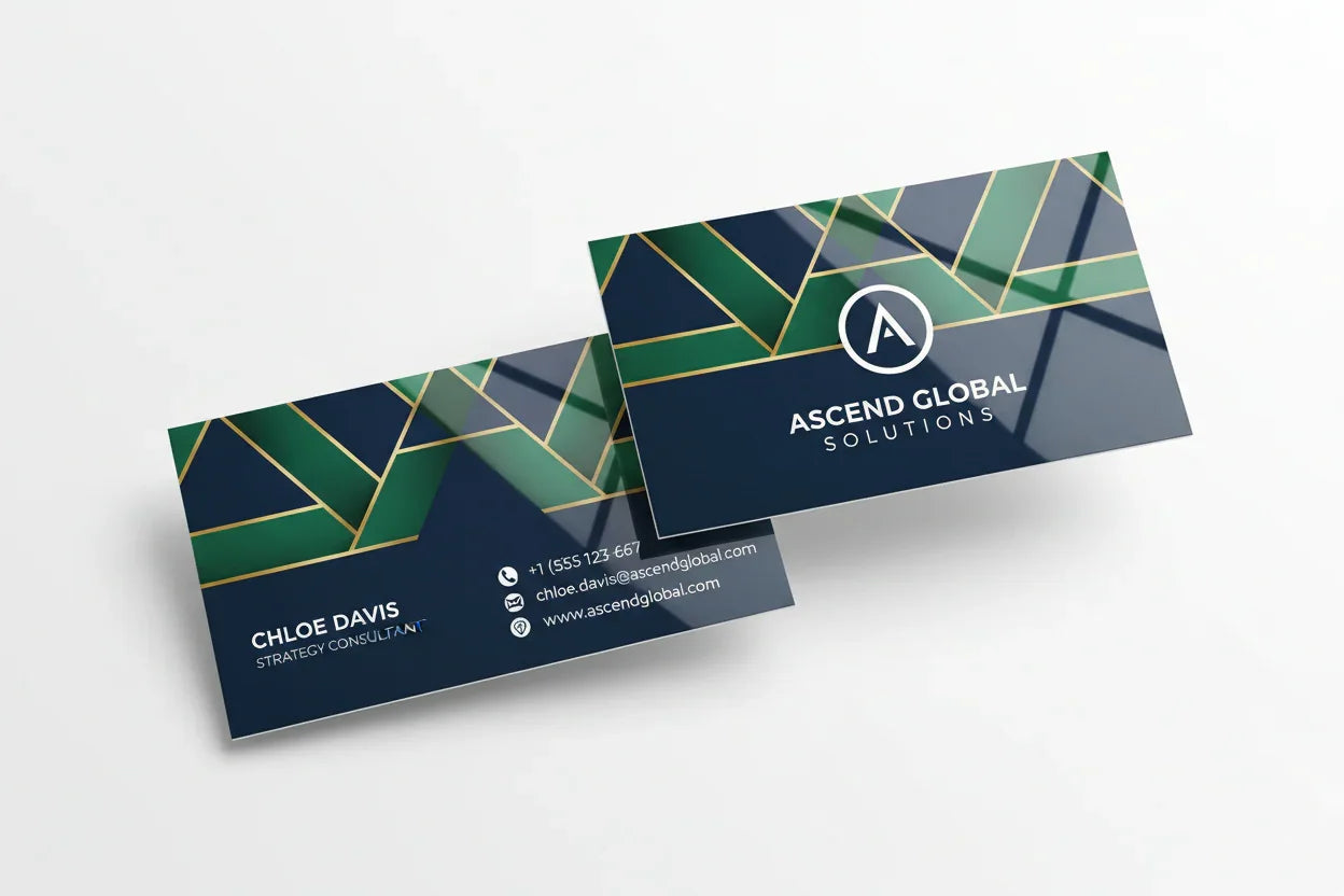 Two color business cards with high gloss UV coating, front and back design on white background