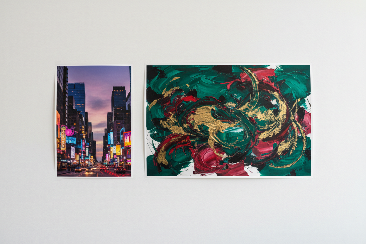 two color posters, one small and one larger, on a white wall