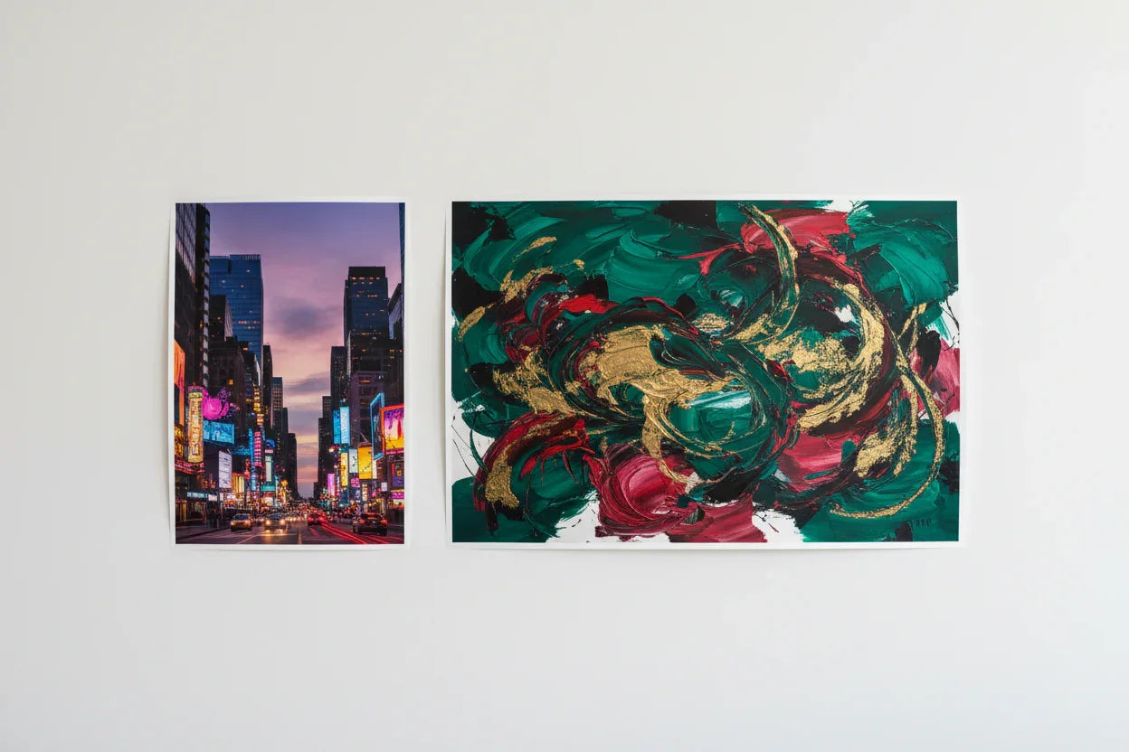 Two color posters, one small cityscape and one larger abstract art, on a white wall.