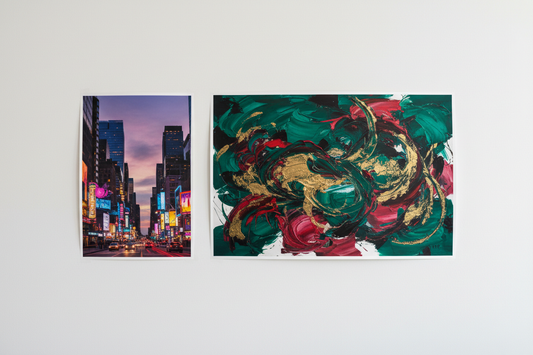 two color posters, one small and one larger, on a white wall