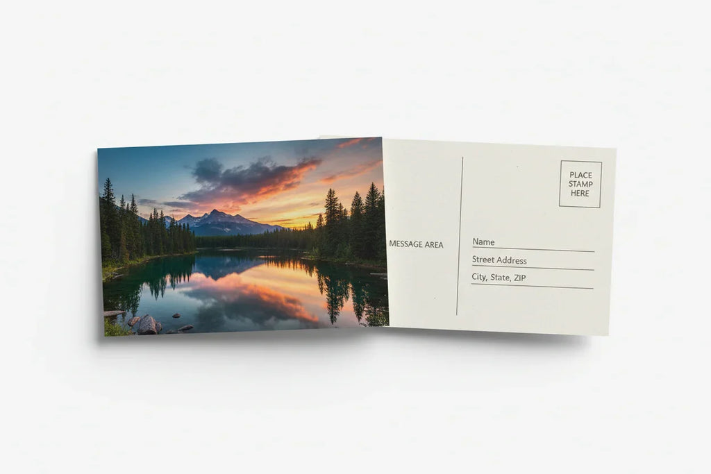 Scenic mountain lake sunset postcard with address and message areas for custom printing