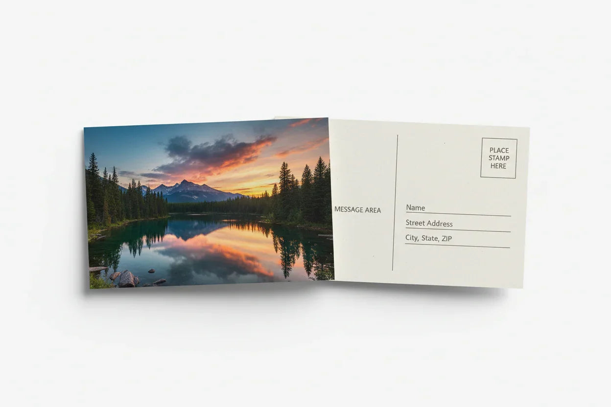 Scenic mountain lake sunset postcard with address and message areas for custom printing