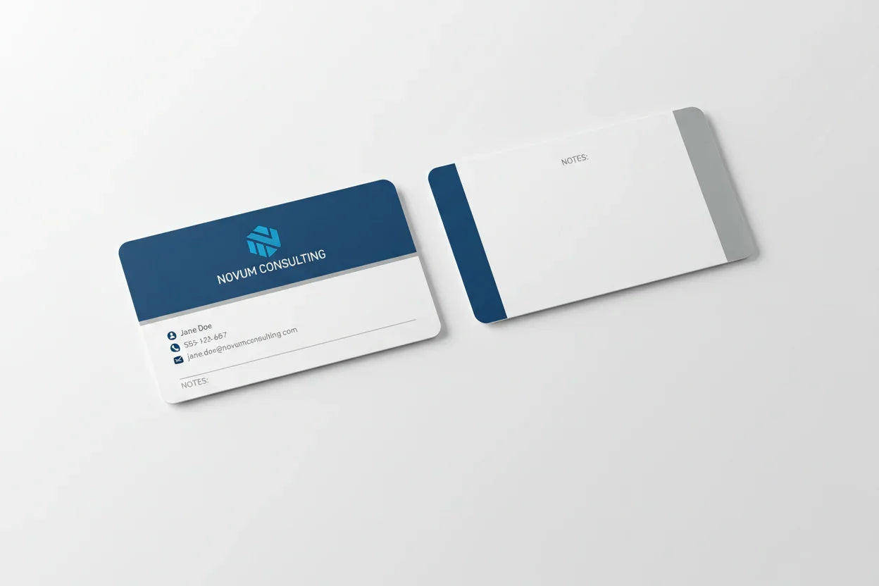 Two rectangular business cards, front and back, with blue accents and ample white space for notes.