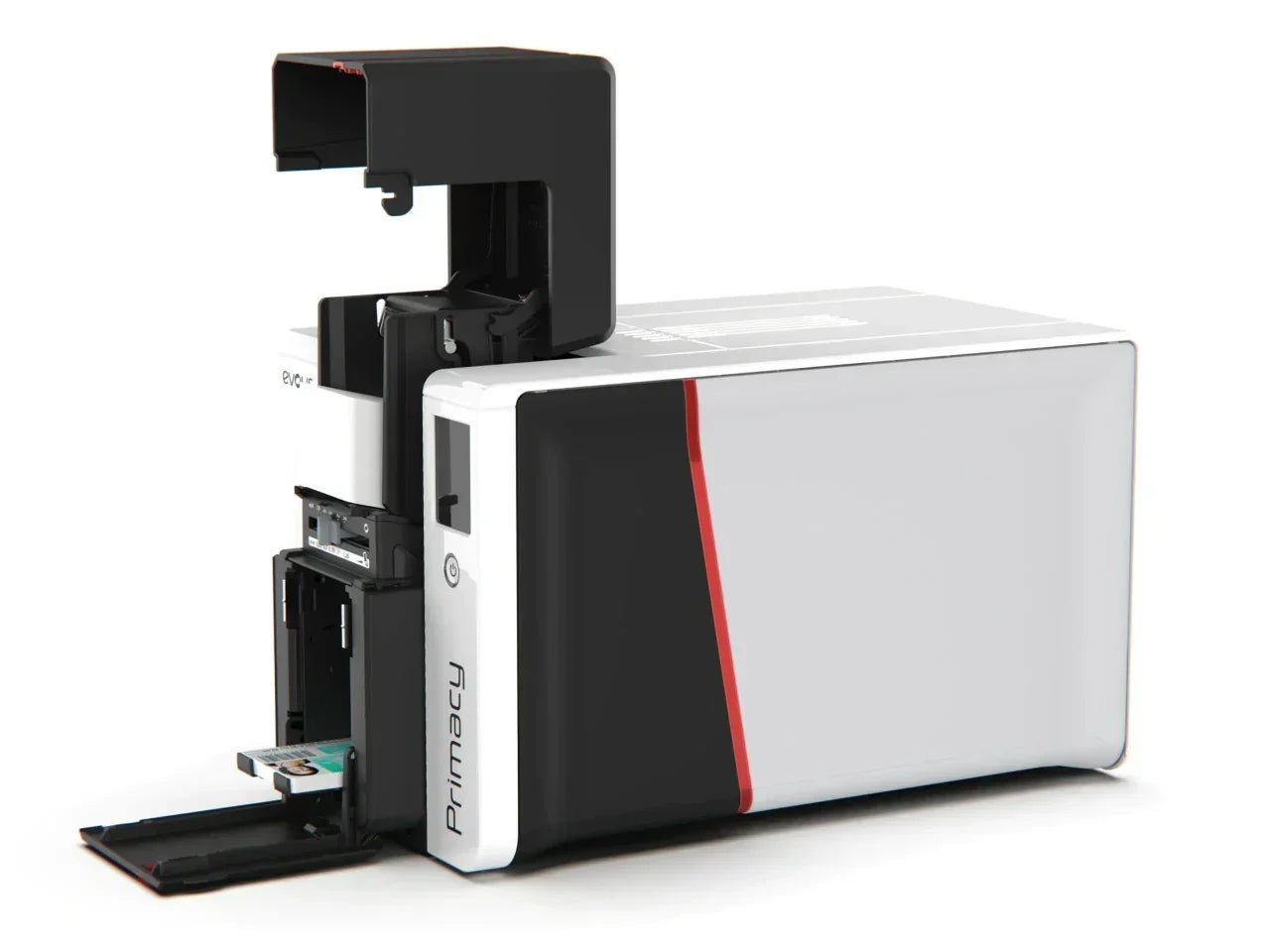 Evolis Primacy ID card printer with open cover and card slot exposed