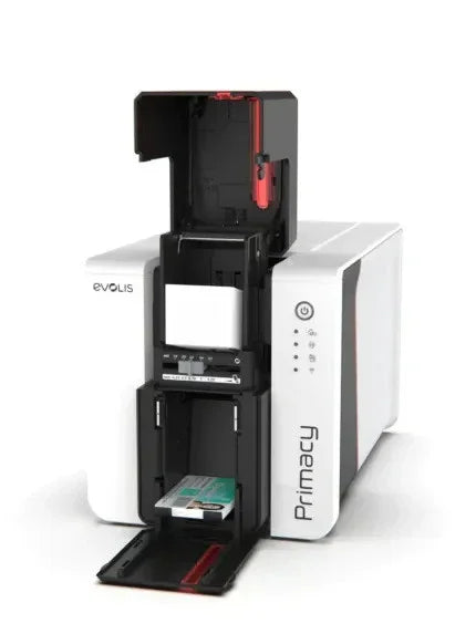 Evolis Primacy card printer with open tray showing card compartment and LED indicators