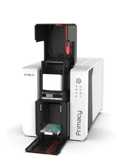 Evolis Primacy card printer with open tray, showing card receptacle and loading area