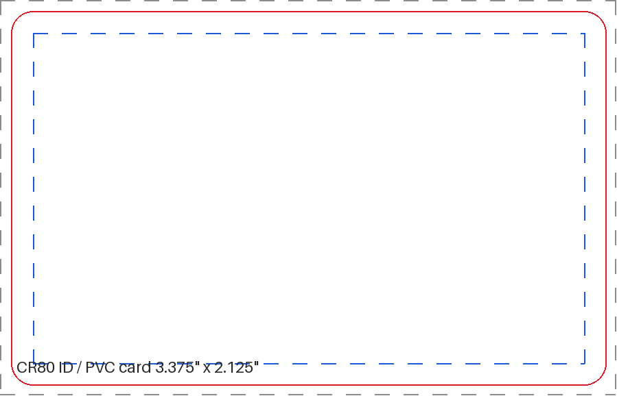 CR80 ID / PVC card — 3.375" x 2.125" blank print template showing trim, bleed and safe area