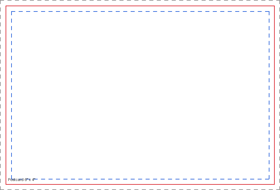 Postcard — 6" x 4" blank print template showing trim, bleed and safe area