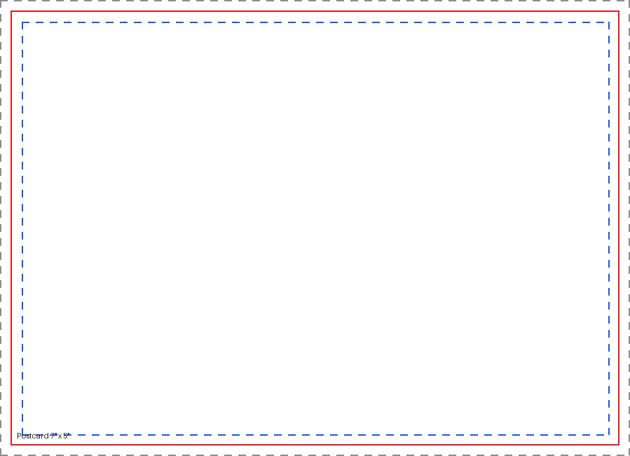 Postcard — 7" x 5" blank print template showing trim, bleed and safe area