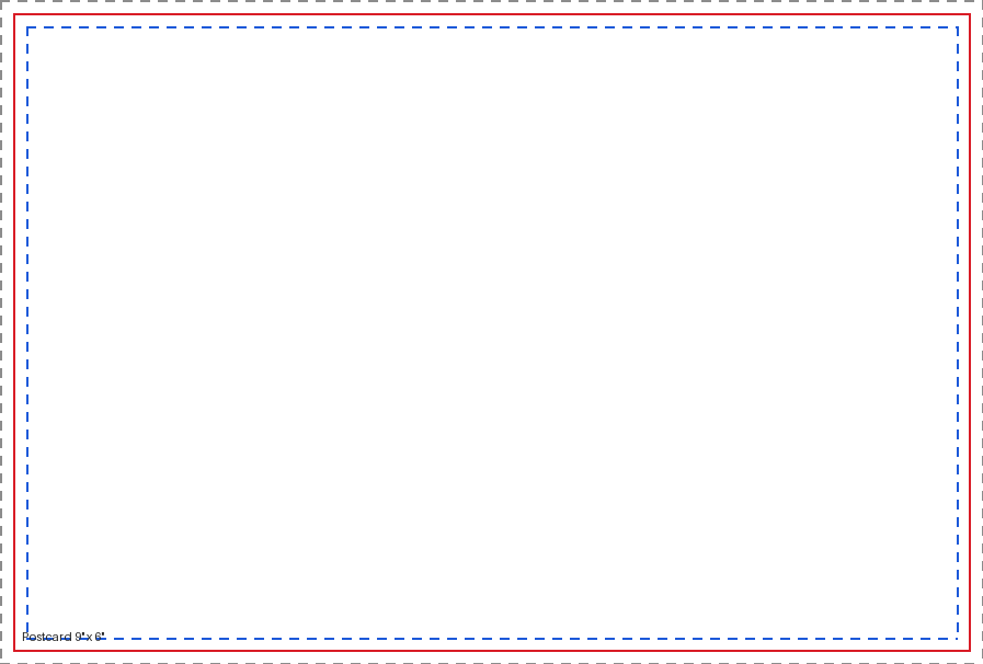 Postcard — 9" x 6" blank print template showing trim, bleed and safe area